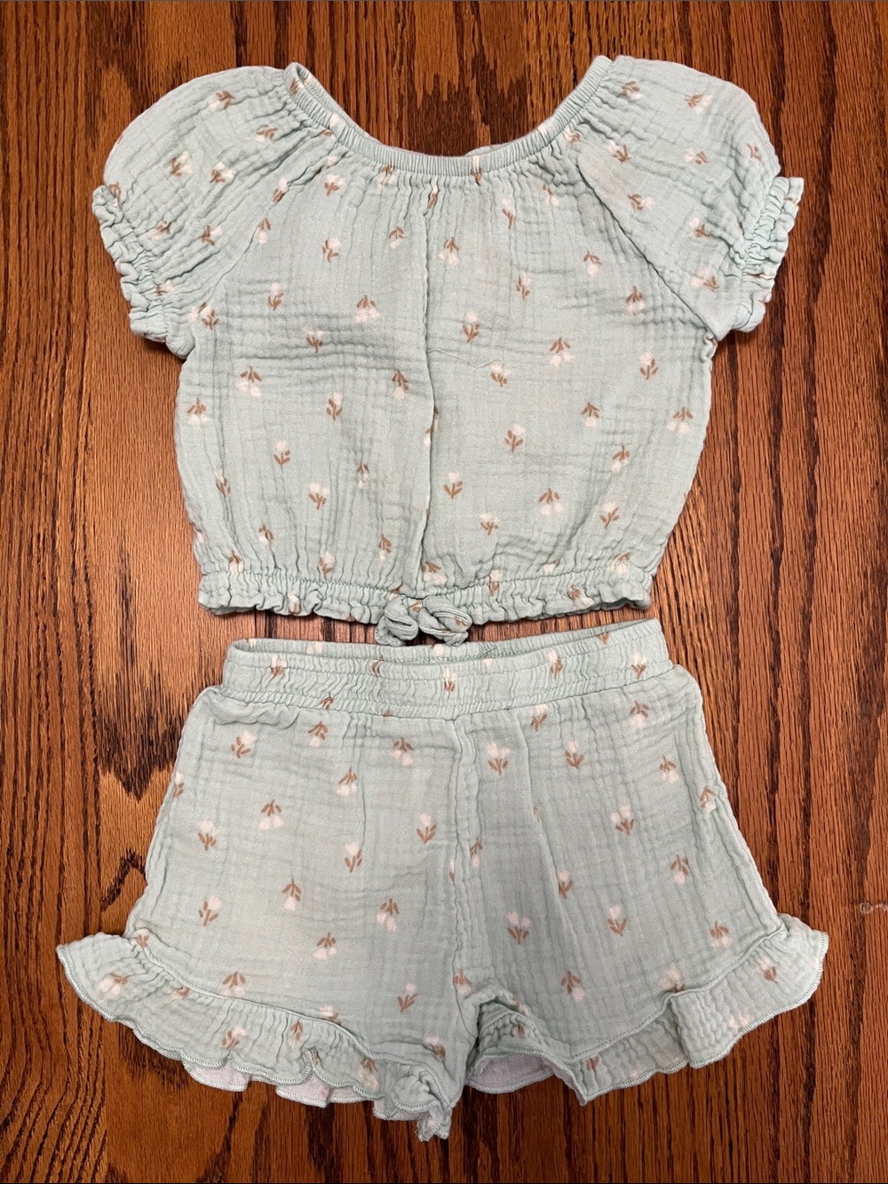 Girls Mint Floral Two-Piece Shorts Set with Ruffle Hem